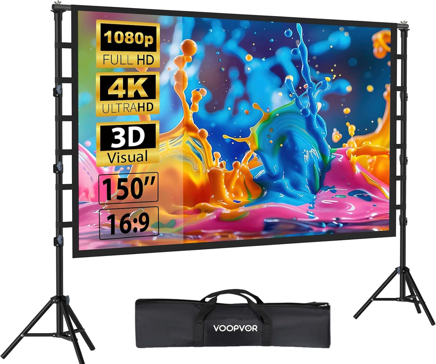Outdoor Projector Screen with Stand 150 Inch: VOOPVOR Portable Projection Screen and Stand, Indoor Rear Front Movie Screen 16:9 4K HD, with Carry Bag,Support Height Adjustable for Home Theater Camping