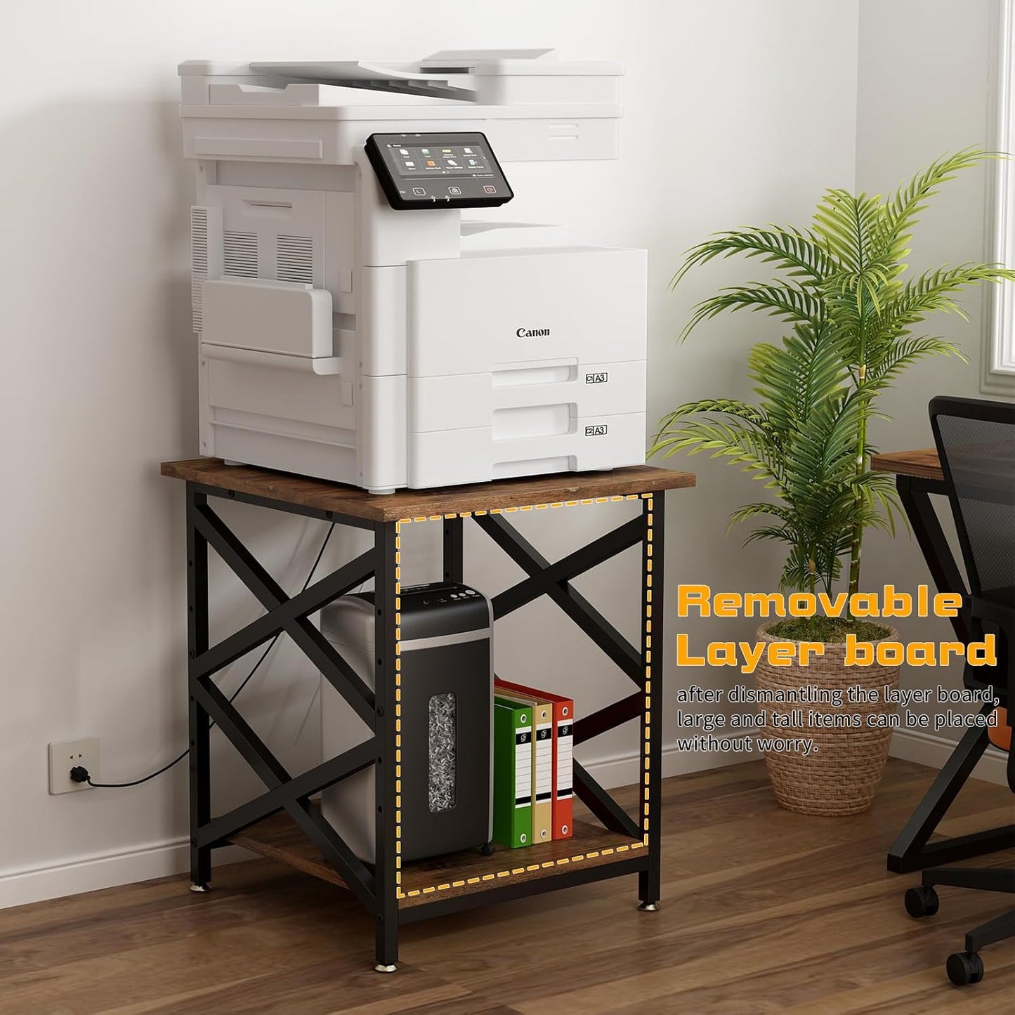 Large Printer Stand with Power Outlet, with Height Adjustable Storage Shelf, 3 Tier Rolling Printer Cart with Industrial Wheels, 23.6 x 23.6 Inches Printer Table for Home Office, Rustic Brown