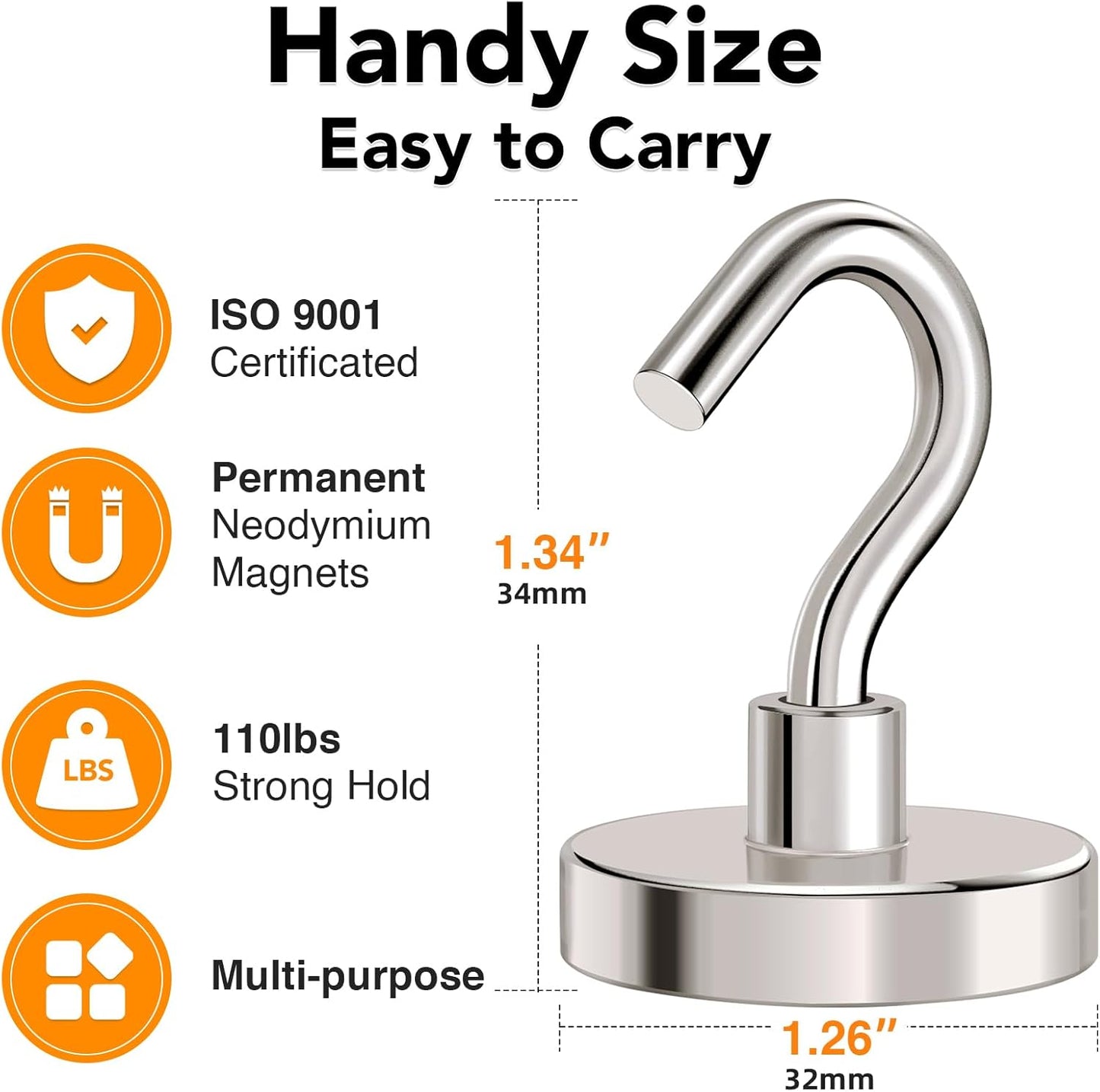 MIKEDE Magnetic Hooks Heavy Duty, 110Lbs+ Super Strong Magnet Hooks for Cruise, 4 Pack Neodymium Earth Magnets with Hook for Hanging, Magnetic Metal Hanger for Toolbox, Storage