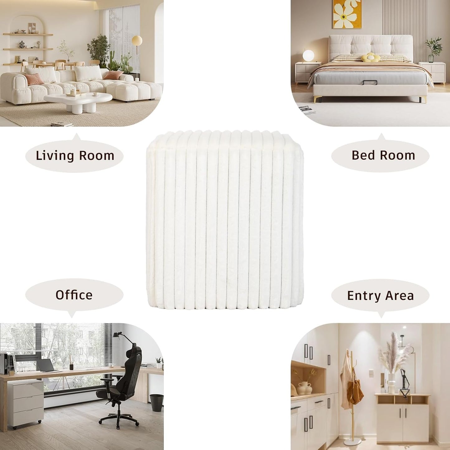 Modern Square Ottoman, Vertical Channel Tufted Foot Stool Ottoman, Velvet Upholstered Vanity Stool for Makeup, Bedroom, Living Room, White