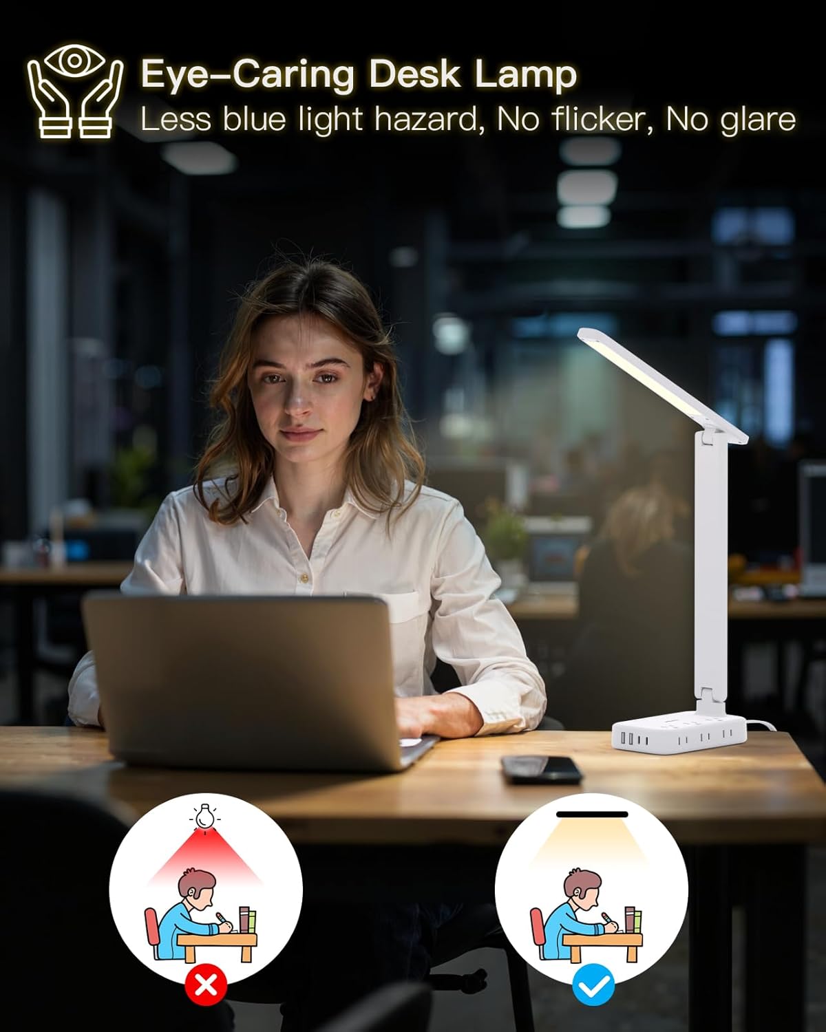 One Beat Desk Lamp with 6 Outlets 4 USB Ports(2×USB-C),Eye Protection Table Lamp Power Strip with 4 Color Modes 5 Brightness Touch LED Desk Lamps for Home Office College Dorm Room Essentials(White