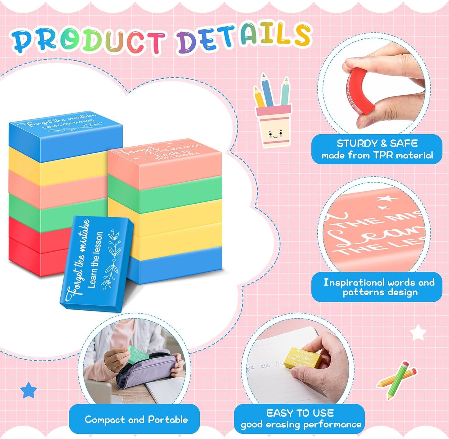 Nezyo 150 Pcs Inspirational Erasers Bulk for Kids Back to School Gifts Neon Colored Pencil Erasers Motivational Reward Supplies for Classroom Students Drawing