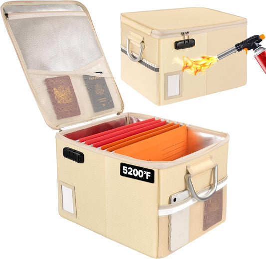 TOMKID 5200°F Fireproof Document Box, Fire Important Document Organizer with Lock, Upgraded Heat Insulated Filing Storage Cabinet Office Organization (5200°F Fireproof Box, Off-white)