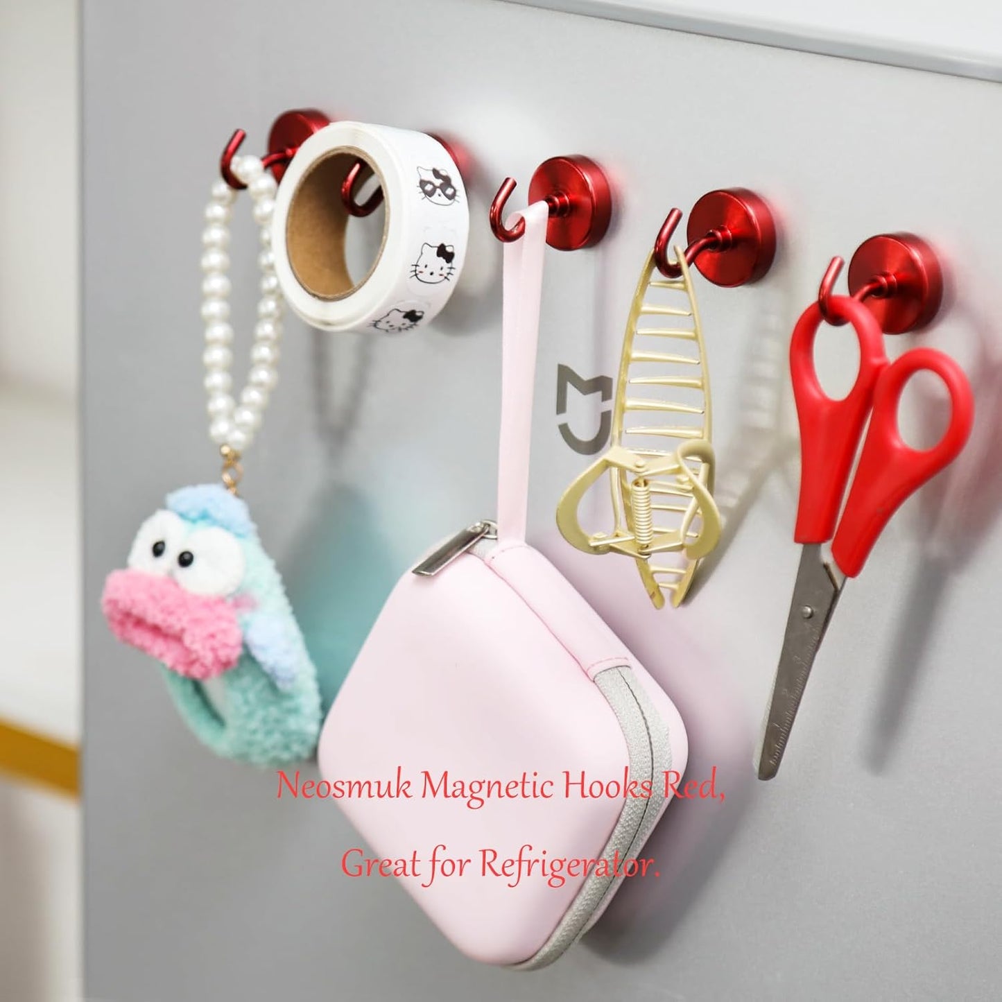 Neosmuk Magnetic Hooks Heavy Duty,Strong Magnet with Hook for Fridge, Super Neodymium Extra Strength Industrial Hooks for Hanging, Magnetic Hanger for Toolbox, Cruise, Grill(Red,4 Pack)