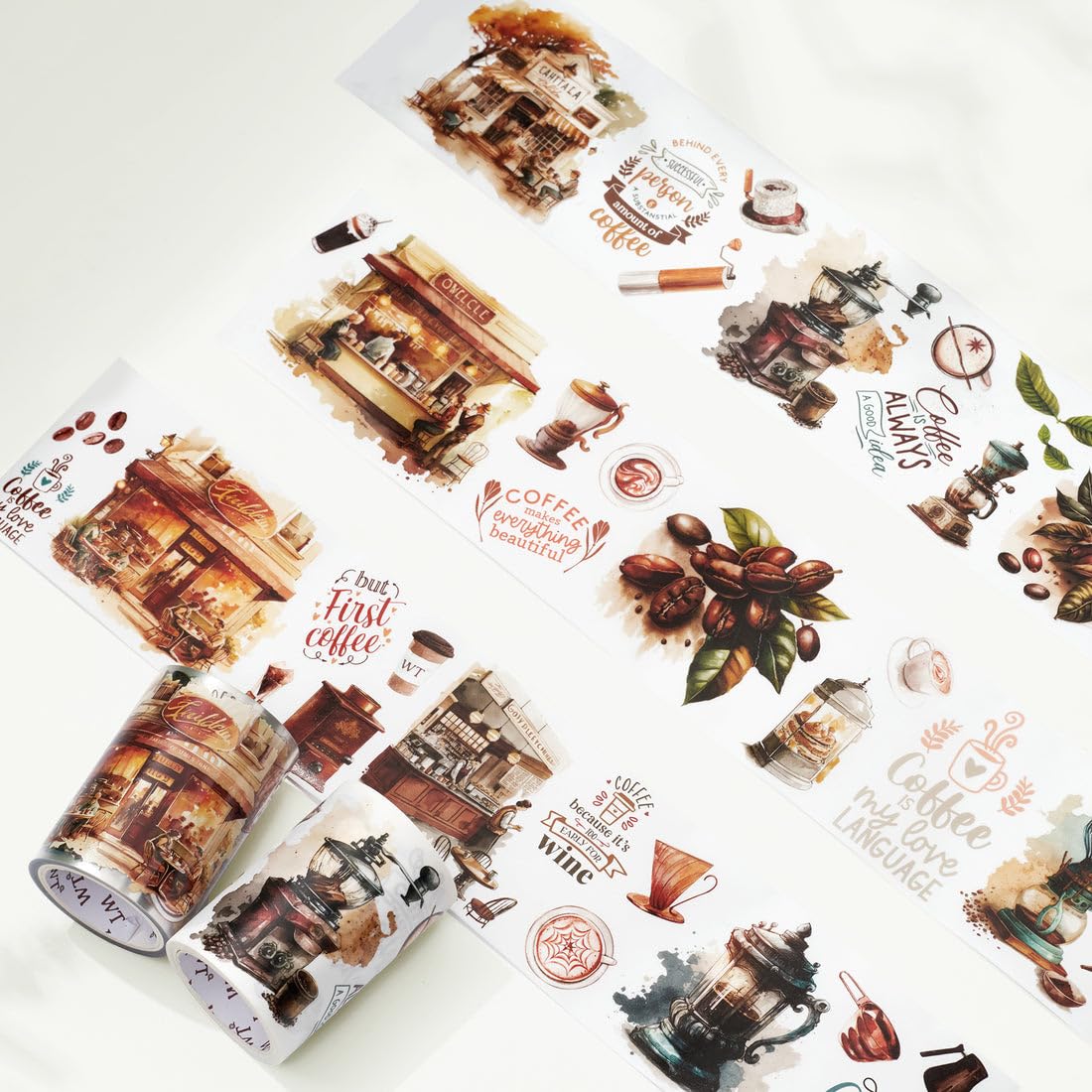 WT Caffeine Canvas Wide Washi Tape, Single Roll, Original Designs, Watercolor Vintage Cafe Paper Tape, Coffee Theme for Journals, Scrapbooks, Bujo Planners, DIY Crafts Supplies