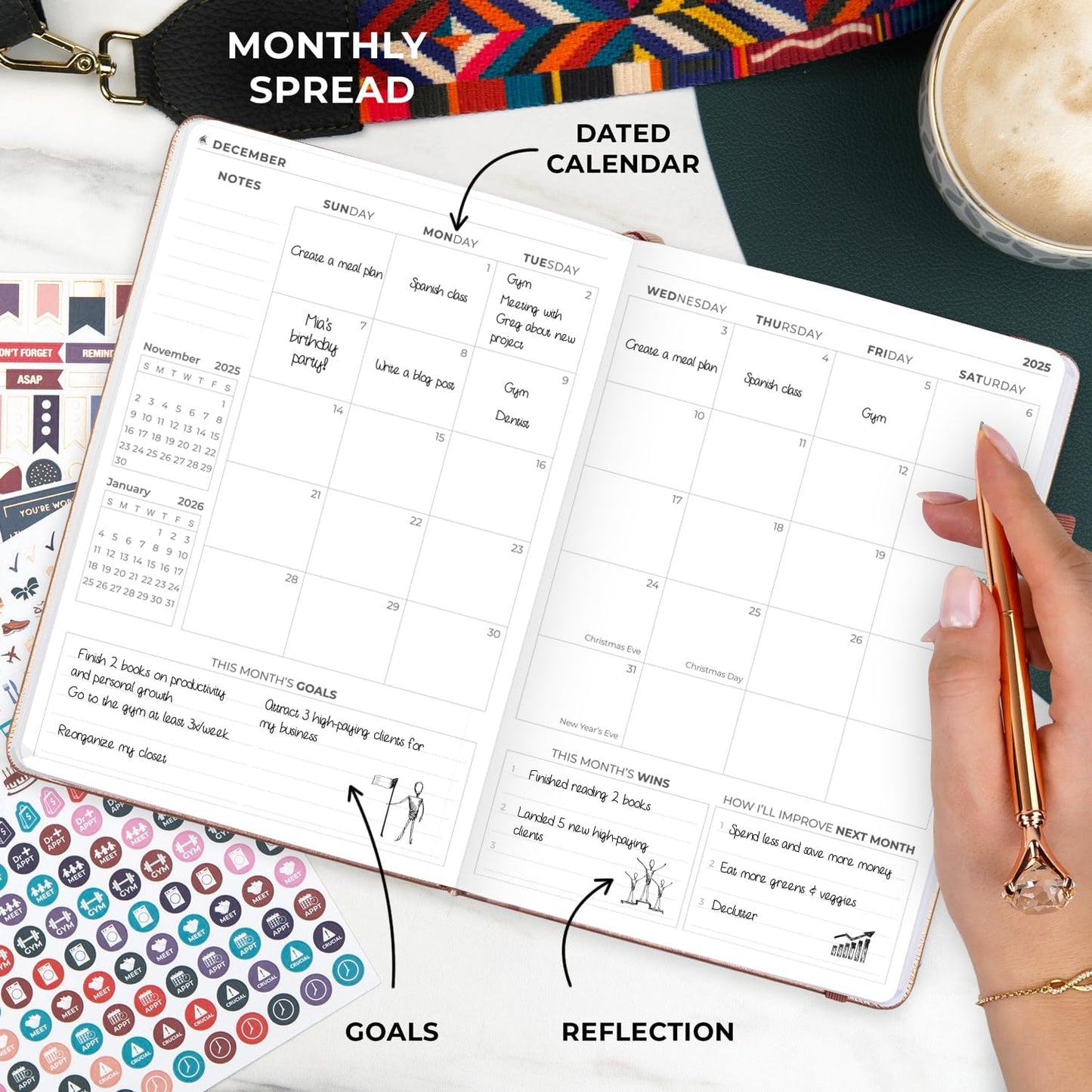Clever Fox Dated Planner Premium 2025 – Weekly Agenda for Planning & Time Management –Notebook with Habit Tracker & To-do List (Rose Gold)