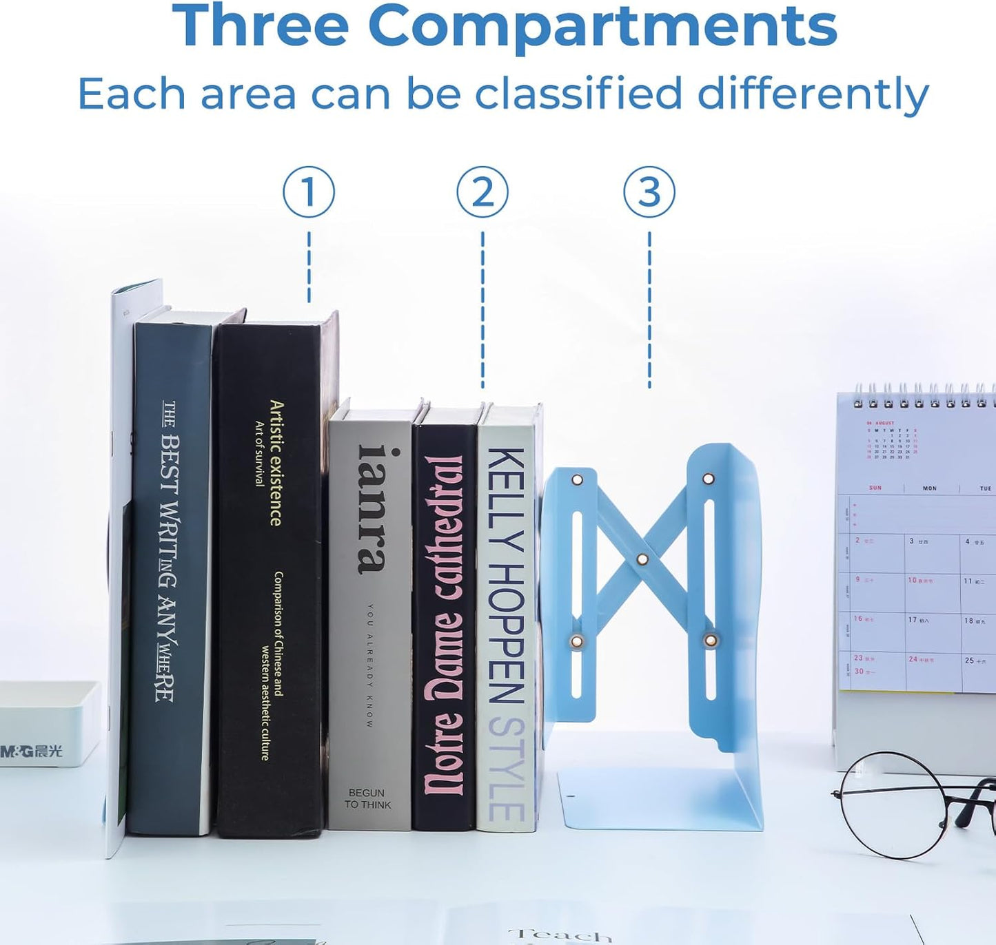 M&G Adjustable Bookends Book Ends for Shelves, Metal Bookend for Heavy Books, Desk Magazine File Organizer Holder Extends up to 20in, Book Stopper for Home, Office, Classroom (Blue)