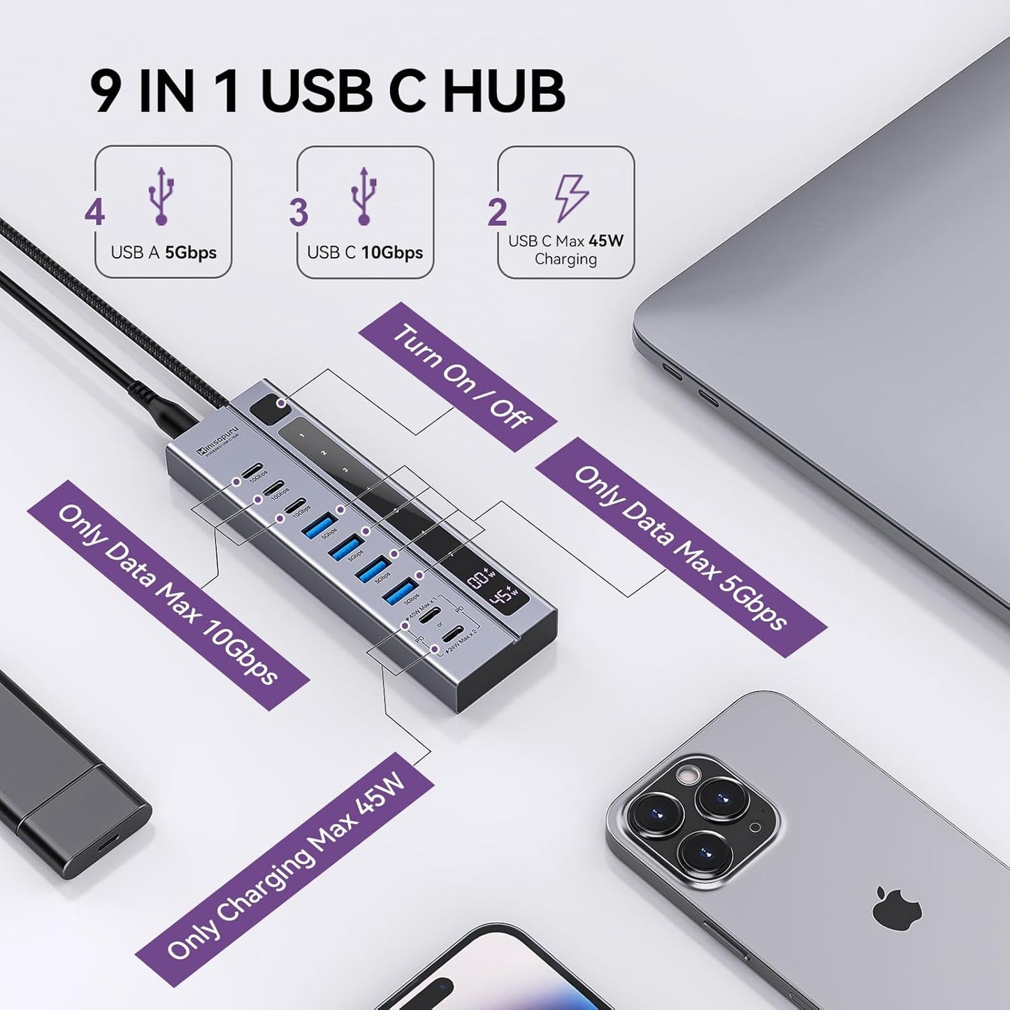 Minisopuru Powered USB C Hub – Support Max 45W Charging with 72W Power Adapter, 10Gbps Data Transfer, USB-C Powered Hub for Laptop, MacBook,iPad (Not for Monitor)