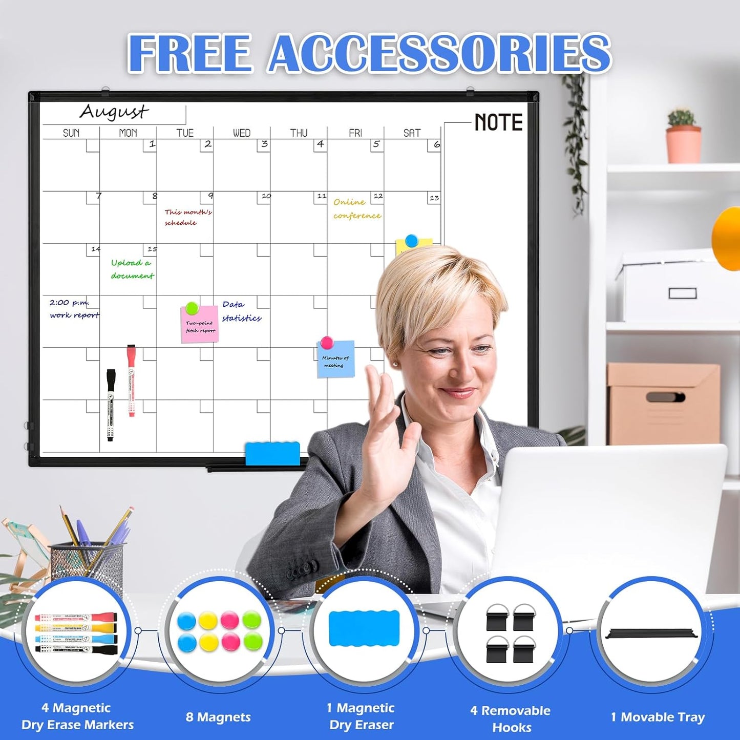 WALGLASS Dry Erase Calendar Whiteboard, 48" x 36" Monthly Large Dry Erase Calendar for Wall, Double-Sided Hanging White Board with Black Aluminum Frame for Home, School, Office, Kitchen