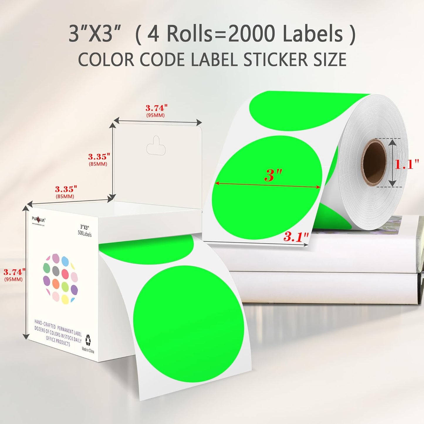 PARLAIM 3" Diameter Round Fluorescent Green Color Coding Sticker, 4 Rolls 2000PCS Circle Dot Label,Permanent for Inventory Box Labeling