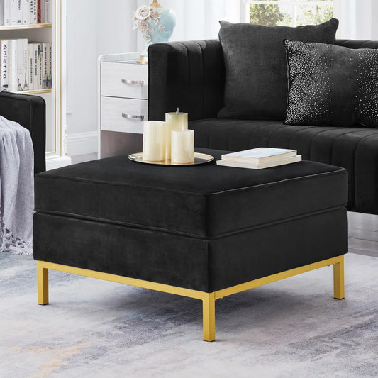 24KF Large Velvet Ottoman, Upholstered Padded Cushion Ottoman Table, Large Foot Rest for Living Room - Black