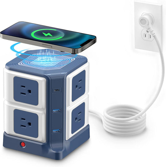 PD 20W USB C Power Strip with Wireless Charger BESTEK 8-Outlet Surge Protector and 30W 3-Port USB Charging Dock Station,4000 Joules,ETL Listed,Dorm Room Accessories (8AC+3USB+Wireless Charger-Blue)