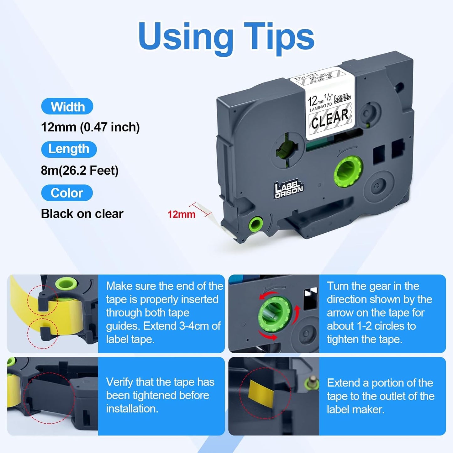 Label Orison TZe-131 Tze Tapes Compatible with Brother P-Touch Label Tape Clear, for Brother Label Maker Tape T-D210 PT-H100 PT-1880, Black on Clear, 1/2''(12mm) x 26.2'(8m), 5PK