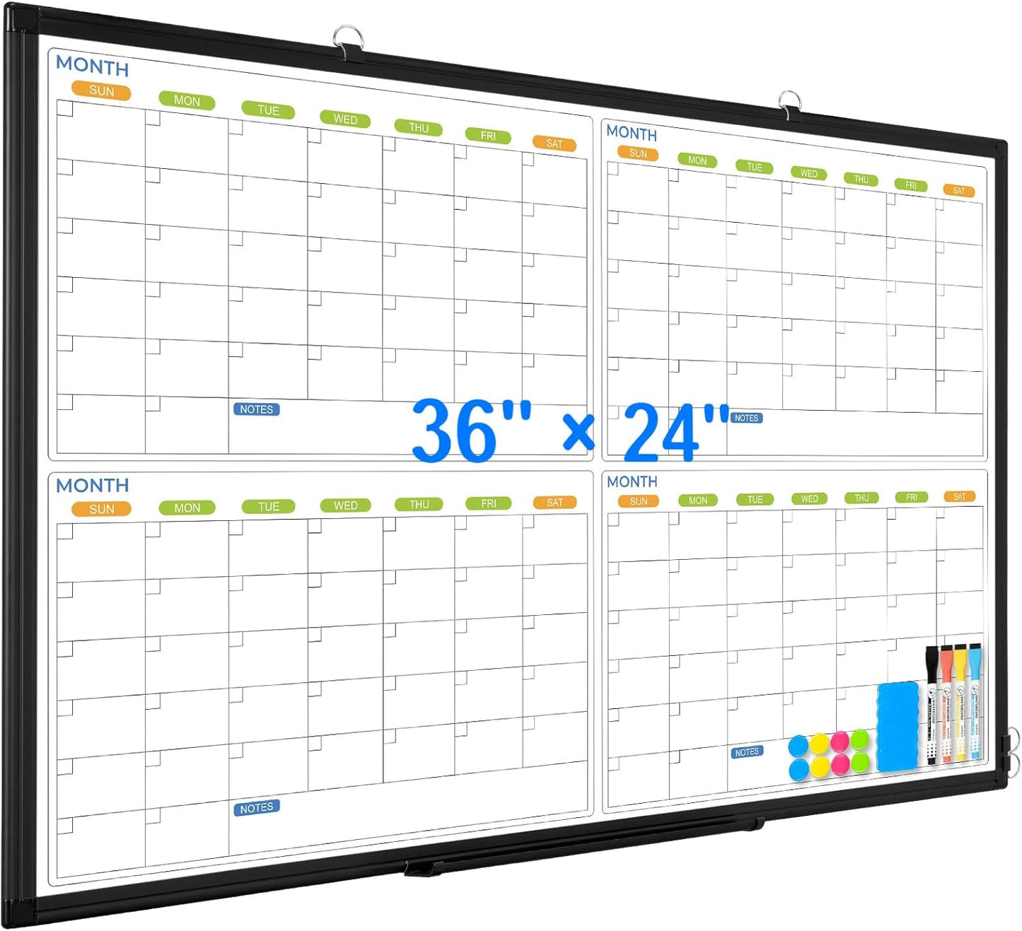 36" x 24" Magnetic Dry Erase Calendar Whiteboard, 4 Month Calendar White Board Planner, Black Aluminum Frame Wall Mounted Board for Office Home and School