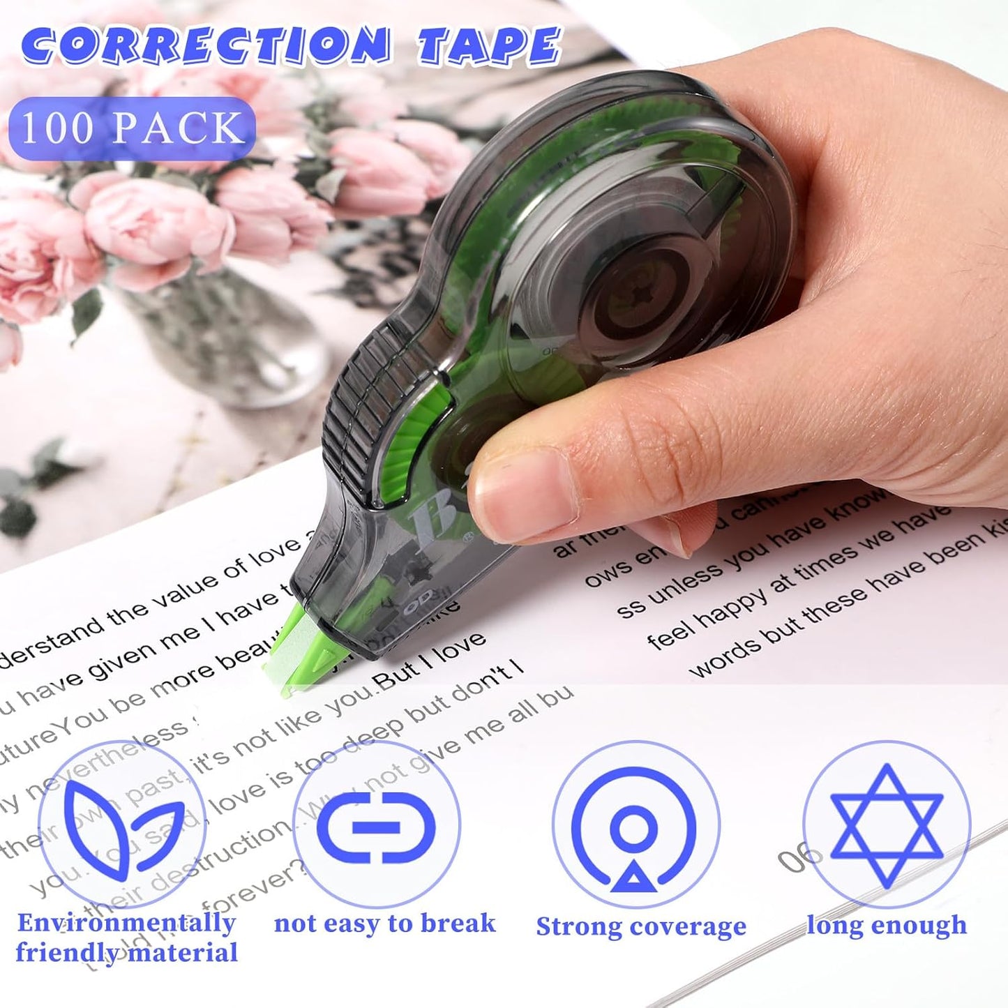 Yexiya 100 Pcs Correction Tapes Original Correction Wide Eraser Applicator Easy to Use Applicator Translucent Tapes Shows for Office Note Journal Scrapbooking, 0.2 Inch x 39.4 Feet