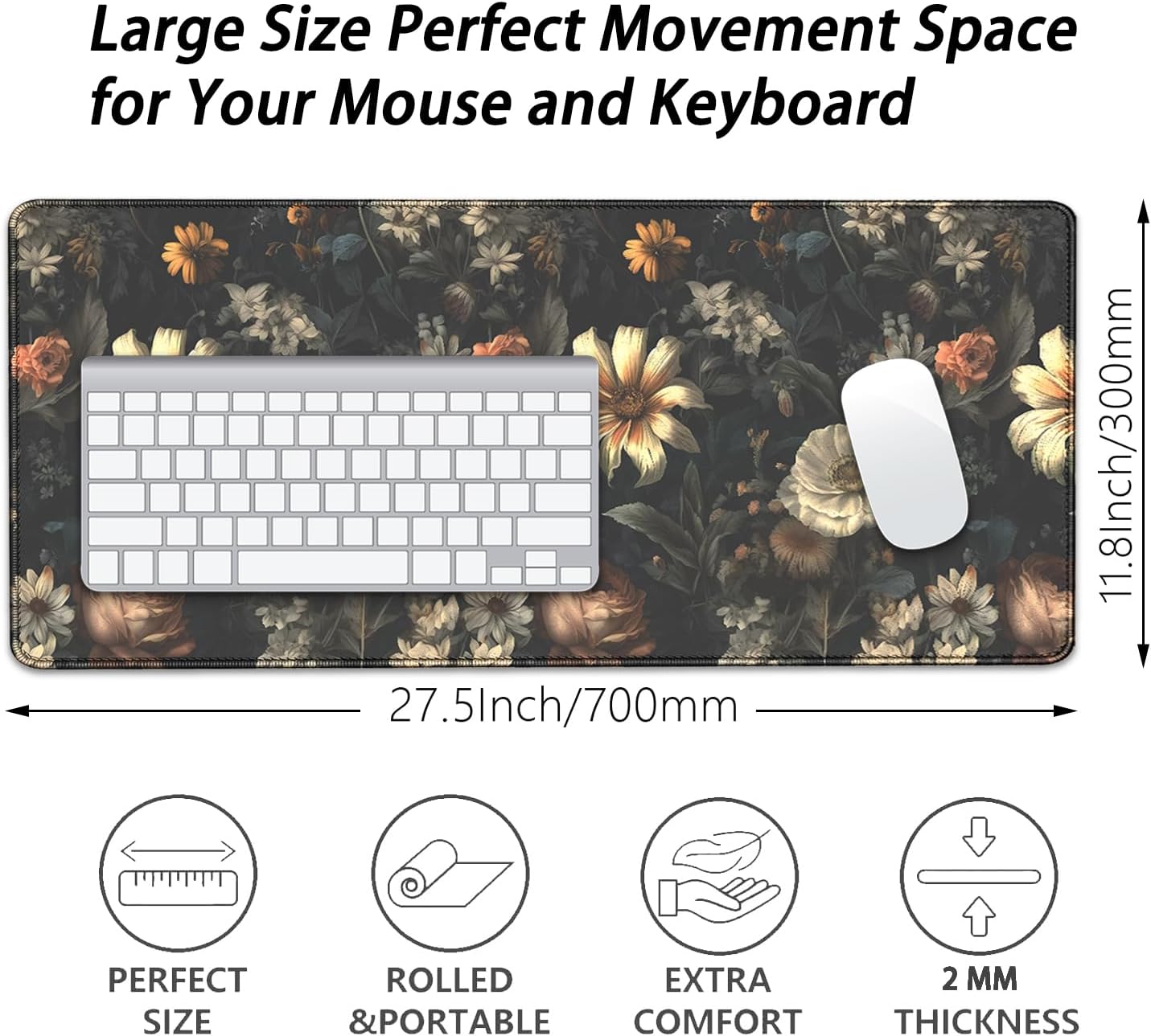 Black Background Flowers Desk Pad Mouse Pad,Large Floral Mouse Mat with Stitched Edges,Non-Slip Rubber Base Elegant Mousepad for Office PC Keyboard Laptop and Home Work Desk Mat(27.5X11.8 in)