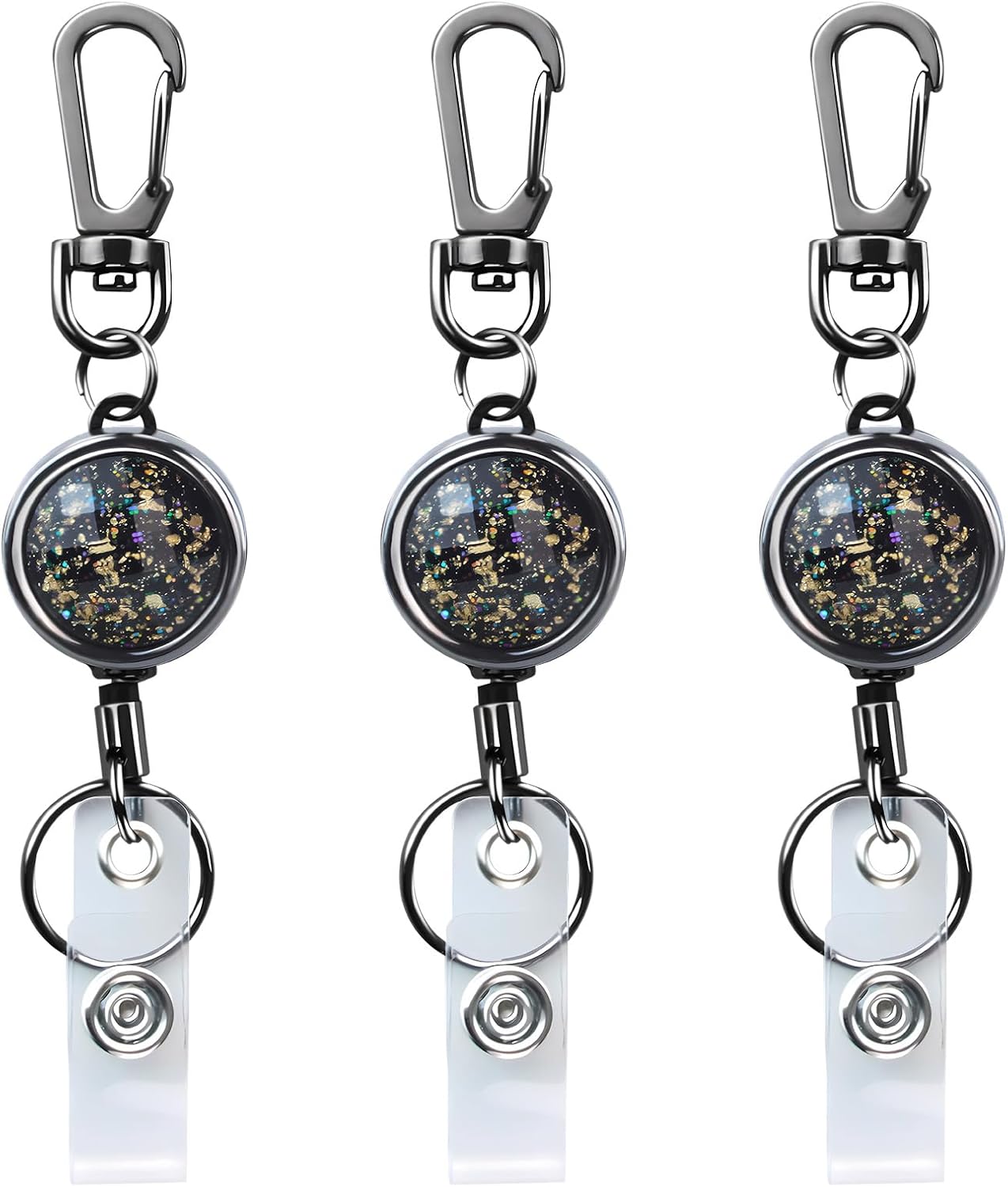 bolimoss Bling Black Retractable Badge Reels with Key Ring and Carabiner Belt Clip, Glittery Metal Retractable Keychain for ID Cards Name Holder Nurse, Teacher, Students (3 PCS)