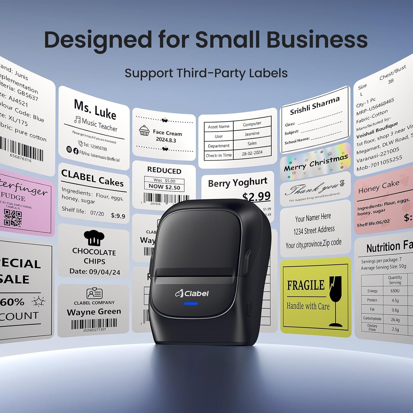 CLABEL Thermal Label Maker Machine: 221B Bluetooth Label Maker Machine with Tape Mini Sticker Printer Barcode Printer Compatible with Smartphone with 3 Roll 40x30mm,50x30mm,50x80mm Label (Black)