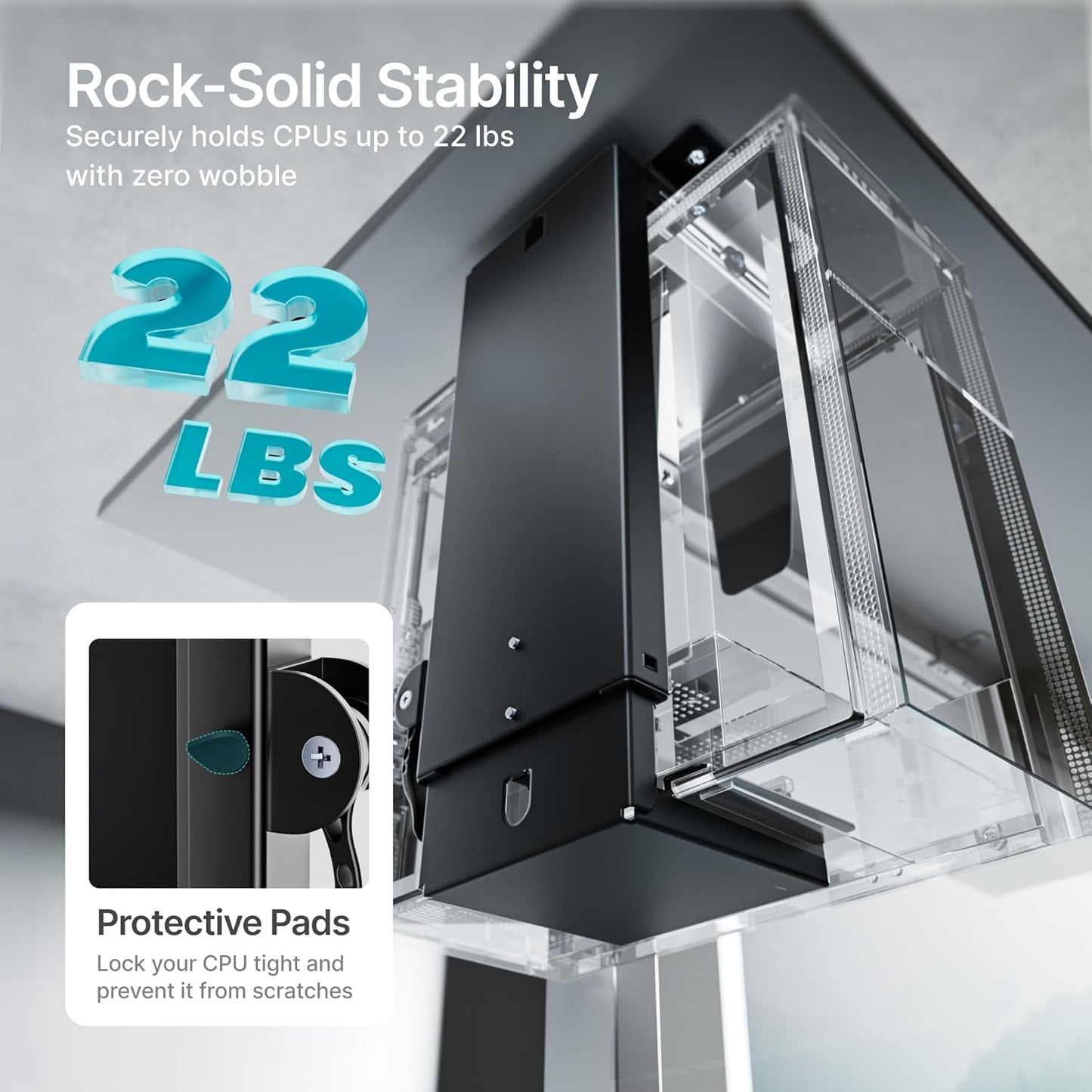 Adjustable Under Desk PC Mount, 3.5 to 8 Inch Wide Computer Tower Holder with Locking Handle,360 Degree Swivel Adjustable Height and Width, Black