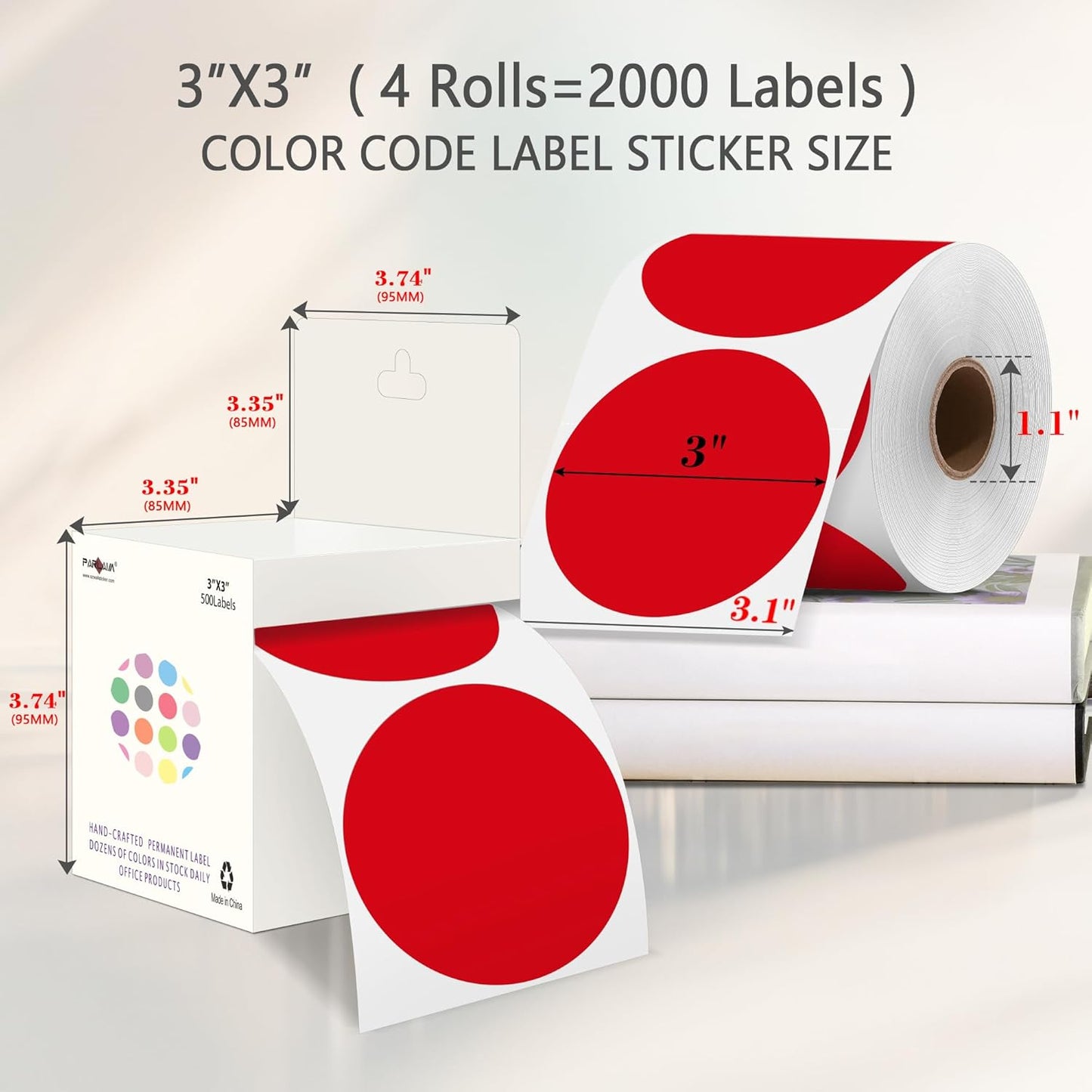 PARLAIM 3" Diameter Round Red Color Coding Sticker, 4 Rolls 2000PCS Circle Dot Label,Permanent for Inventory Box Labeling