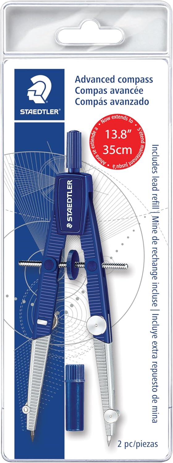 STAEDTLER Advanced Student Compass 2 Piece Set - Metal Compass with Quick-Set Center Wheel, Universal Adapter & Spare Lead, Draws Circles up to 10.25"