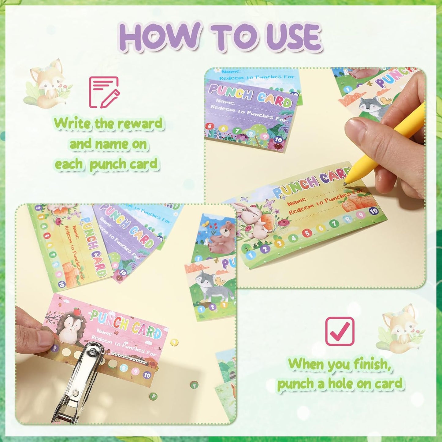 Fumete 400 Pcs Punch Cards for Classroom Reward Cards Behavior Incentive Loyalty Awards for Kids Students Teachers School Business, 8 Styles, 3.5 x 2 in(10 Cute Animal Punches Style)