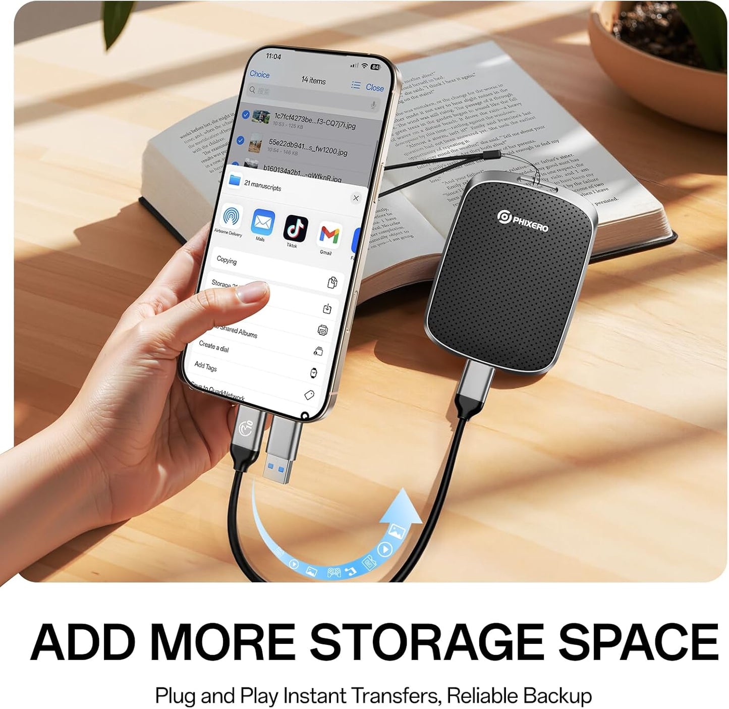 PHIXERO P5PLUS Portable SSD 512GB Up to 550MB/s, USB 3.2 Gen 2 External Solid State Drive，USB C to C&A for Smartphone，Tablet，PC，Labtop (Black)