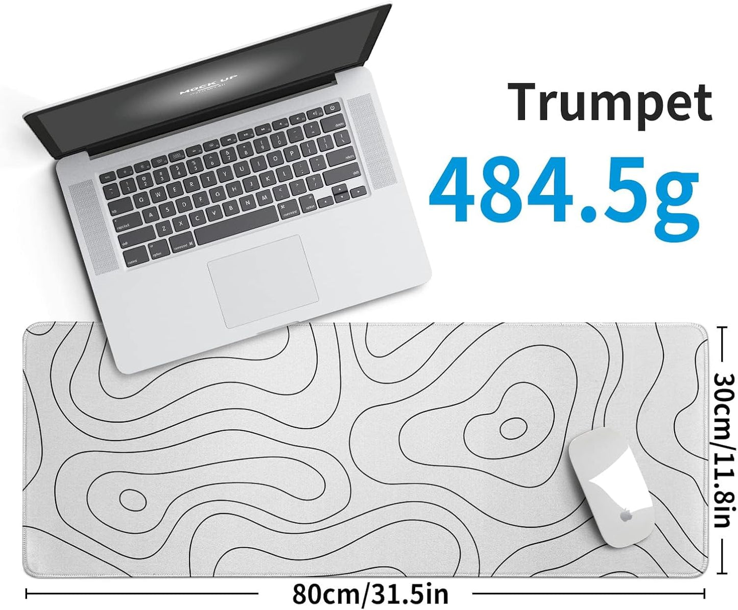 White Large Gaming Mouse Pad Desk Pad Topographic Map Big Keyboard Mat 31.5x11.8inch Computer Mousepad with Stitched Edge Non-Slip Rubber Base