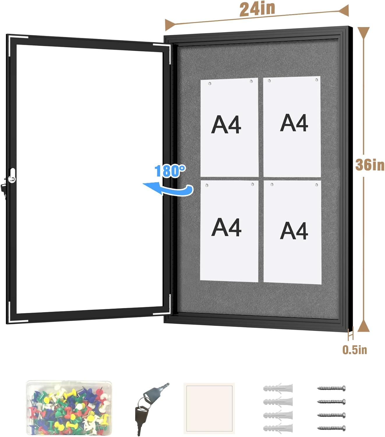 36"x24" Enclosed Bulletin Board, Outdoor Lockable Weather-Resistant Aluminum Cork Noticeboard for School & Office, Black Frame w/Grey Flet