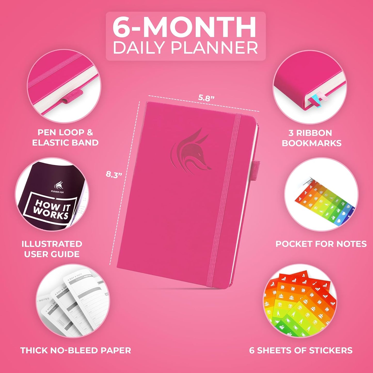Clever Fox Daily Planner – Undated Planning Notebook with Hourly Schedule & To-Do List – Personal Day Task & Work Organizer, 6 Months (Hot Pink)