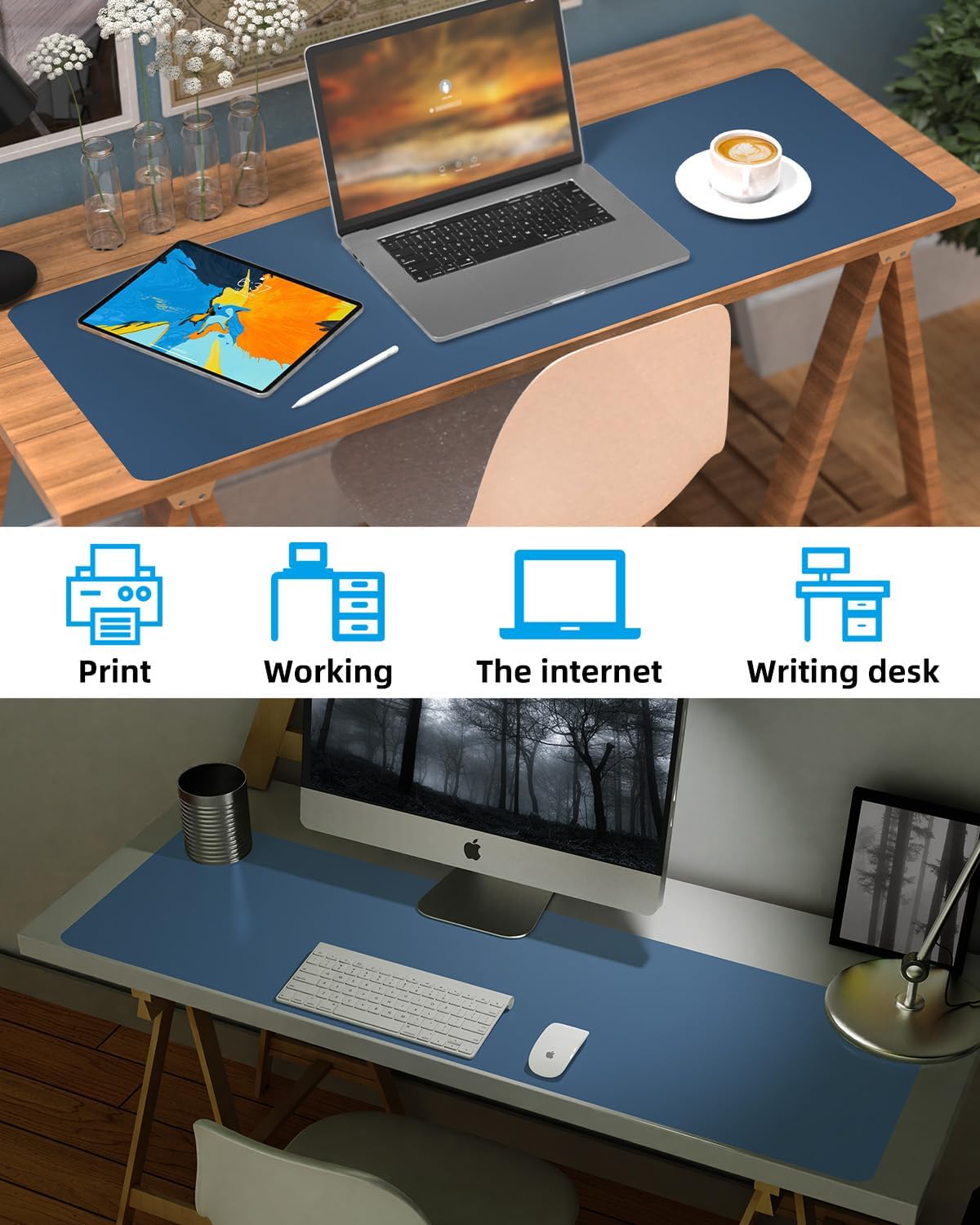 Large Desk mat, Leather Desk Pad Protector,Office Desk Mat,Mouse Pad, Non-Slip Desk Blotter, Laptop Desk Pad, Waterproof Desk Writing Pad for Office&Home (Grey Blue, 55" x 17")