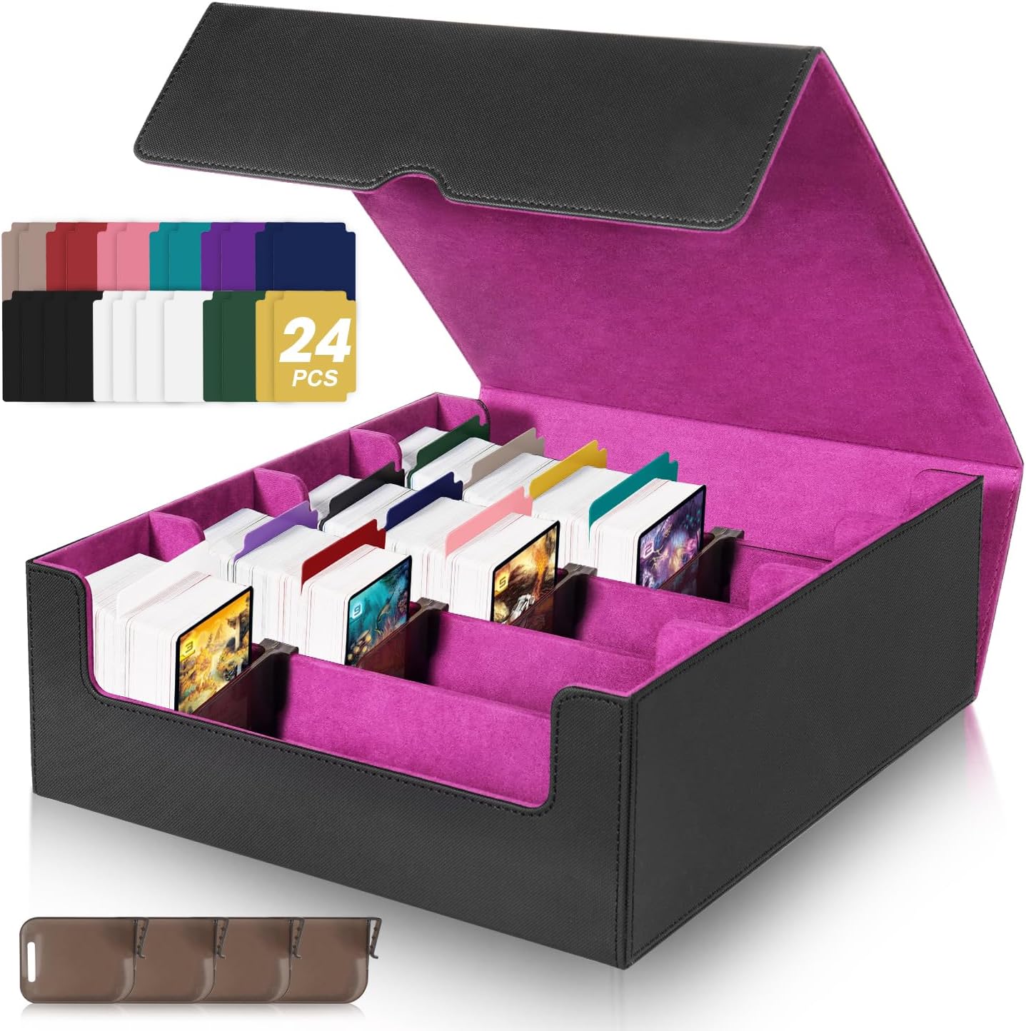 3000+Trading Card Storage Box, PU Leather Organizer Case With 24 Dividers, Magnetic Closure, 4 Supporters, For Game Sports Card,Purple
