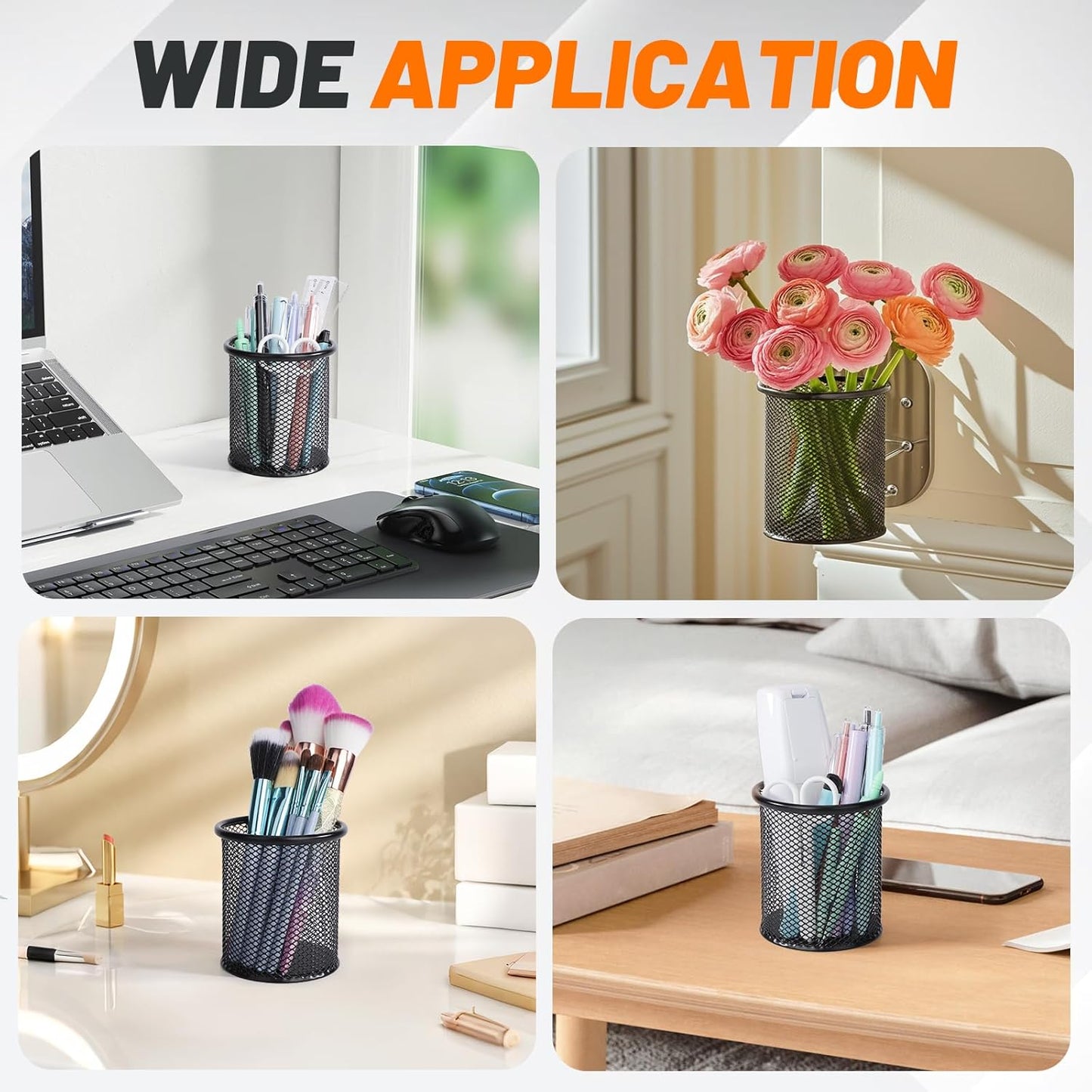 Segarty Pen Holder, 3 Pack Round Black Pen Cup Holder for Desk, Wire Mesh Pencil Containers Set for Office Supplies, School Maker, Home Desktop Accessories Organizer, Makeup Brush