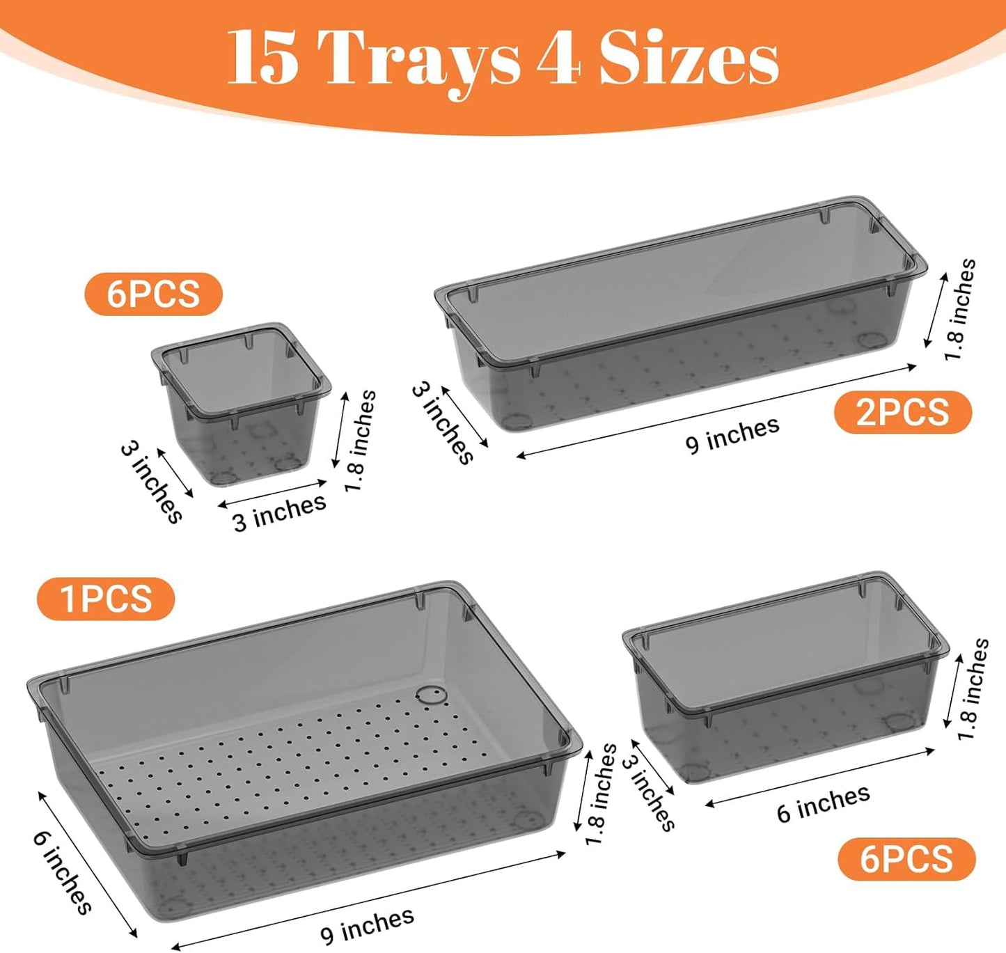 15 PCS Clear Plastic Drawer Organizer Set, 4-Size Acrylic Drawer Storage Trays, Storage Bins for Makeup, Gadgets, and Jewelry in Bathroom, Bedroom and Office, Clear Black