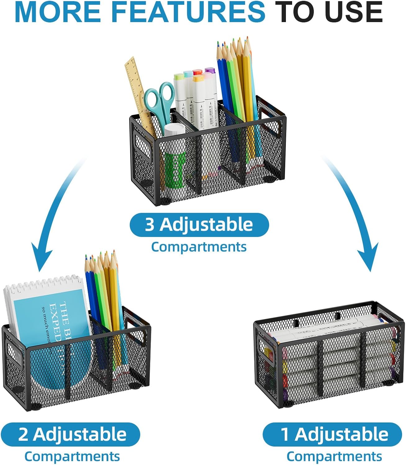 Marbrasse Mesh Pen Holder for Desk,Pencil Holder Desk Organizer 3 Adjustable Compartments,Pencil Cup with Handle Perfect for Classroom, Office, Home,Makeup,Art (Black)