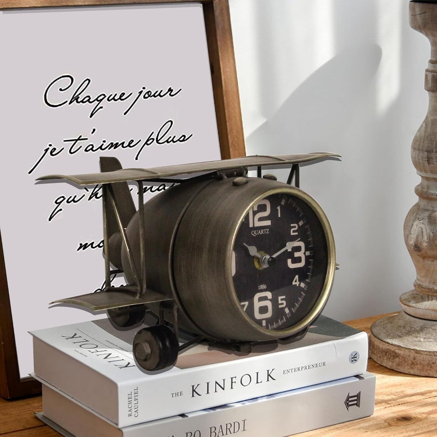 Airplane Metal Tabletop Clock Industrial Home Decor Accents for The Mantel, Shelf, Desk, or Any Table Top, Battery Operated No Battery Supplied