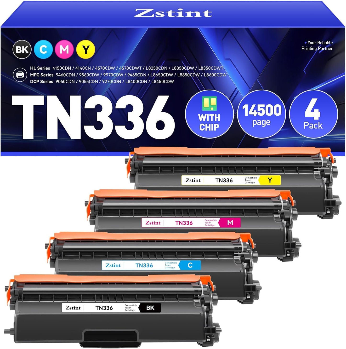 TN336 Toner Cartridge 4-Pack High Yield with Chip Replacement for Brother TN-336 Toner Cartridges Compatible with Brother HL-4150CDN L8250CDN MFC-9460CDN L8850CDW DCP-9055CDN 9270CDN L8400CDN Printer