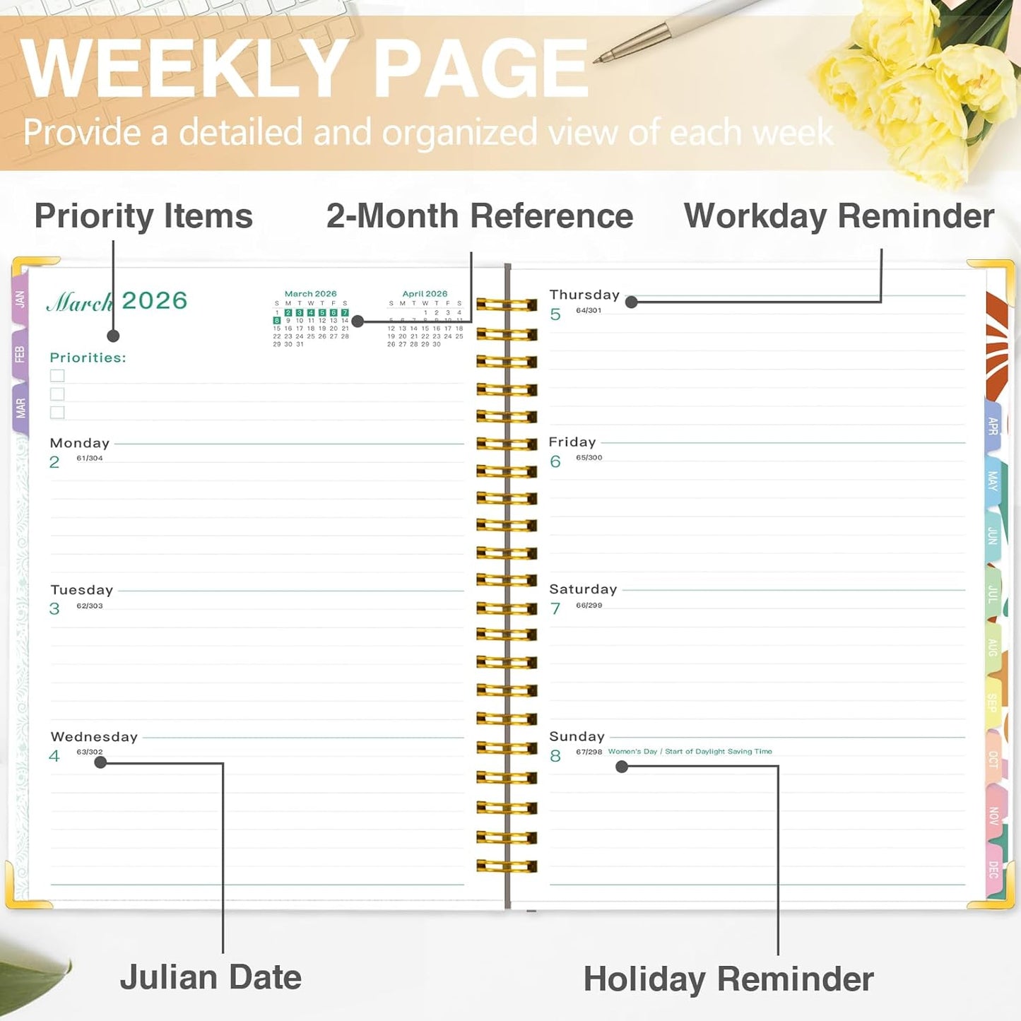 GuassLee Planner 2026 Daily Weekly and Monthly - Large A4 Planner from January 2026-December 2026, 8.8"x11.4" Aesthetic Teacher Student Agenda Book with Back Pocket, Stickers, Coated Tabs, A4 Size