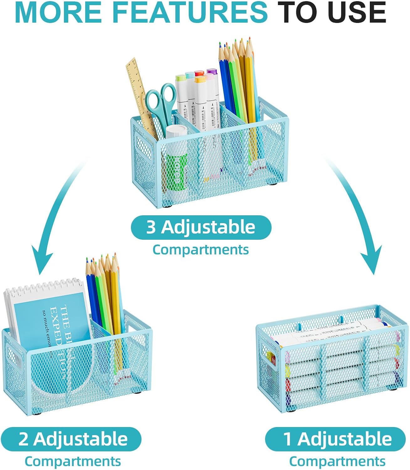 Marbrasse Mesh Pen Holder for Desk,Pencil Holder Desk Organizer 3 Adjustable Compartments,Pencil Cup with Handle Perfect for Classroom, Office, Home,Makeup,Art (Blue)