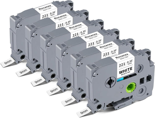 TZe-221 TZ Tape 9mm 0.35 Laminated White Compatible with Brother Label Maker Tape TZe-221 PTouch 3/8" Work with Brother PTouch D220 PTD210 PTH110 PTH111 PTP710BT PTD400 Cube, 6-Pack