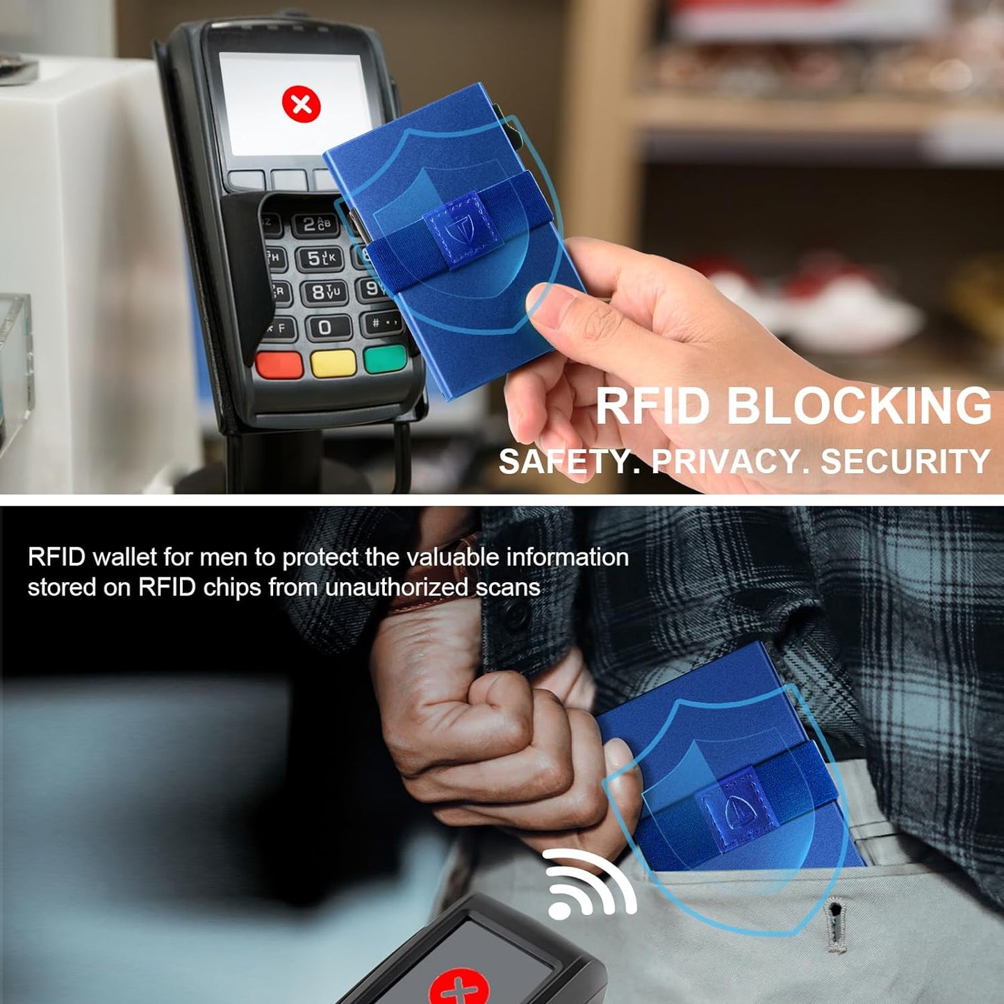 Slim Wallet for Men Aluminum Minimalist Pop Up Card Holder with RFID Blocking Protection Expandable Backplate Cash Band for Boyfriend/Dad/Friend,Holds 12+ Credit Card & Business Cards,Blue