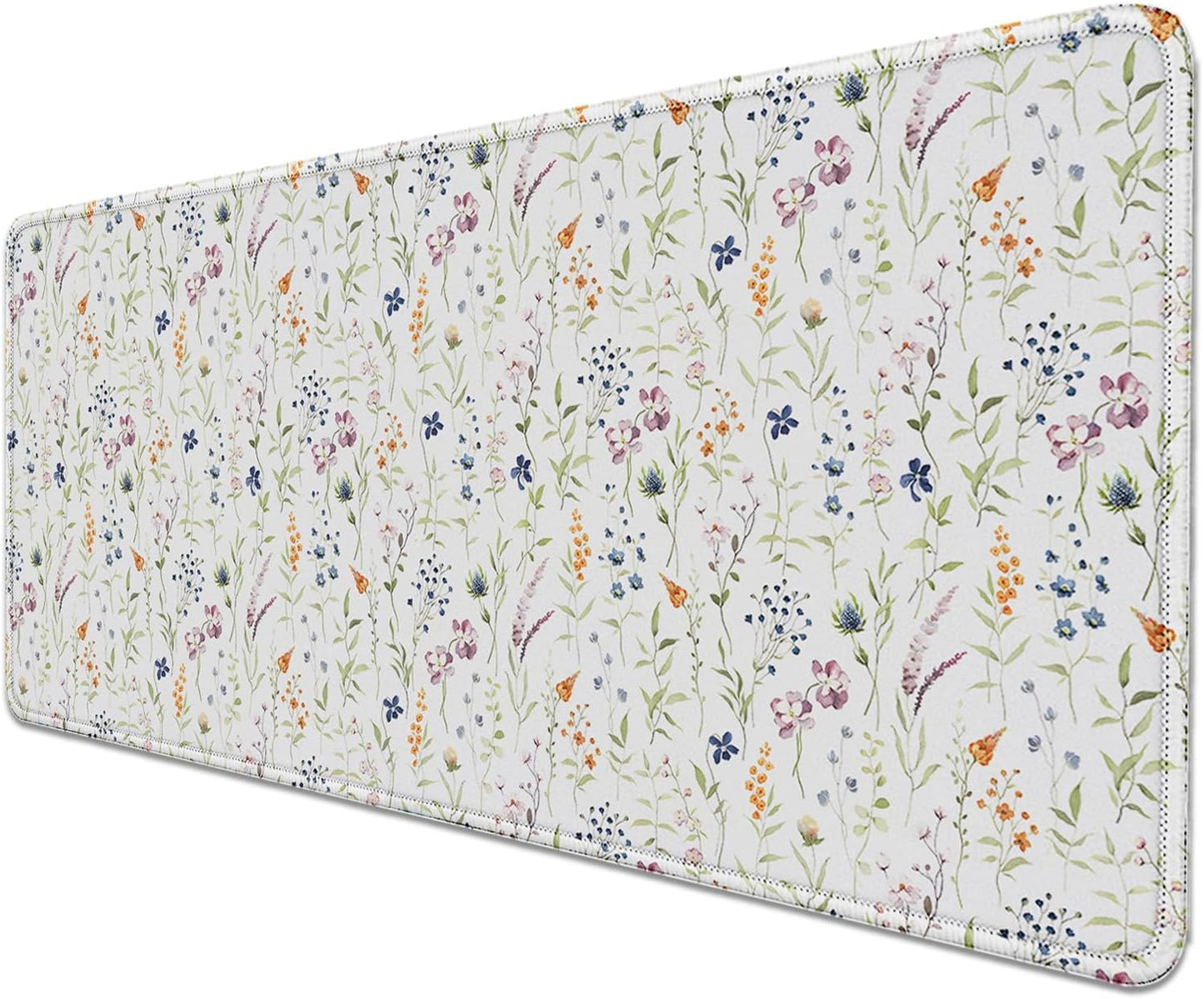 Wildflowers Flowers Mouse Pad,Large White Floral Mousepad Desk Pad with Stitched Edges,Non-Slip Waterproof Rubber Base Mouse Mat for Office Computer Keyboard Laptop Home(27.5x11.8 in)