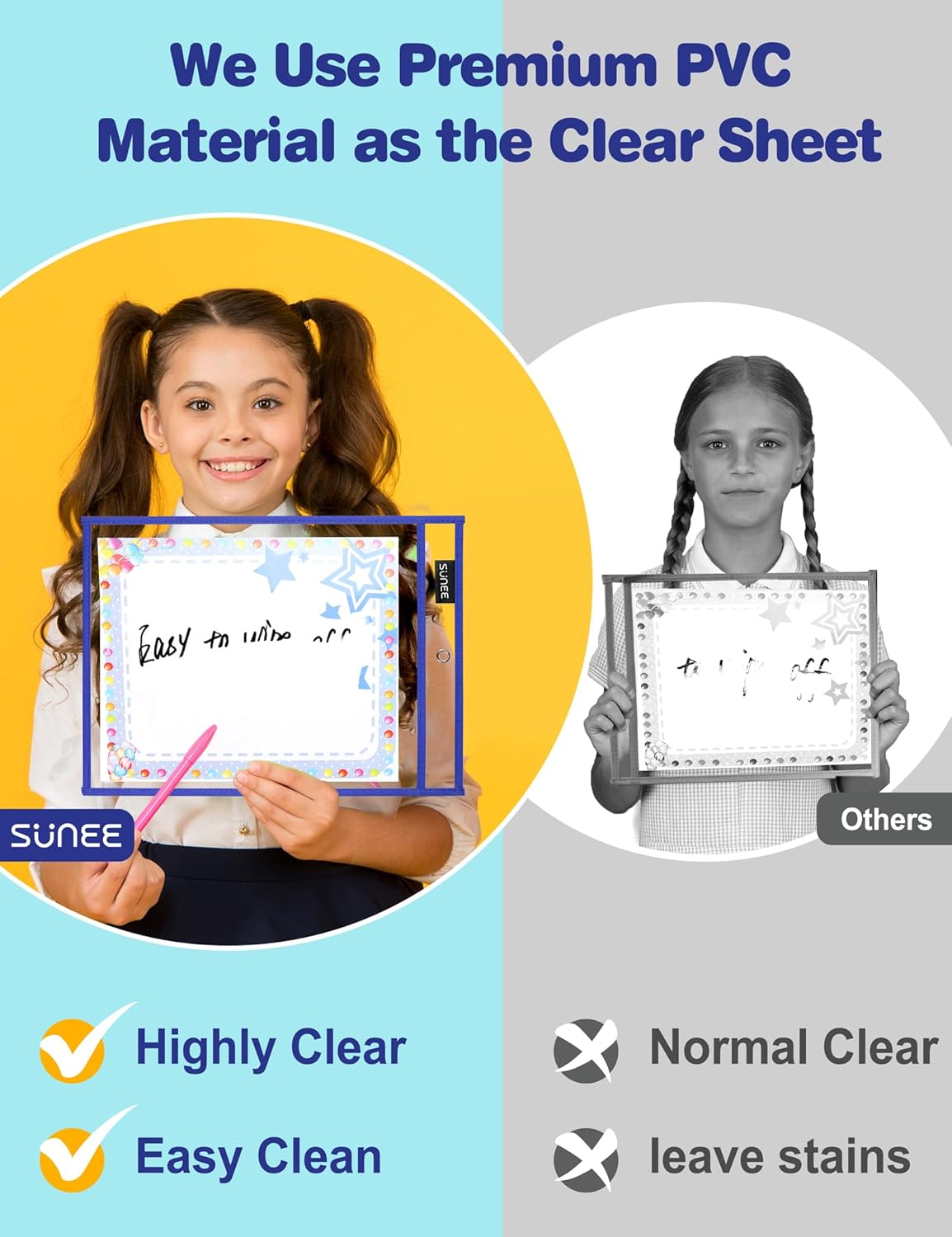 SUNEE 35 Packs Oversized Reusable Dry Erase Pocket Sleeves with 2 Rings, 10 Assorted Colors 10x14 Ticket Holders, Clear Plastic Sheet Protectors, Teacher School Classroom Supplies