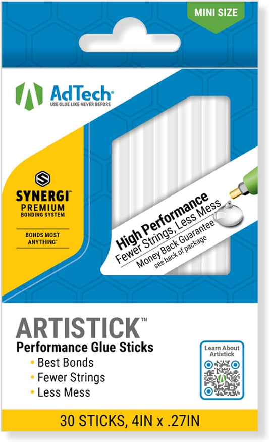 AdTech Mini Artistick 4" High Performance Stringless Hot Glue Sticks - 30 Sticks, Hi-Temp, Strong Bonding for Crafts, Repairs, and DIY Projects