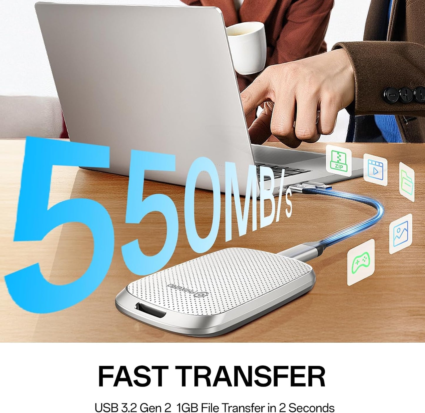 PHIXERO P5PLUS Portable SSD 512GB Up to 550MB/s, USB 3.2 Gen 2 External Solid State Drive，USB C to C&A for Smartphone，Tablet，PC，Labtop (White)