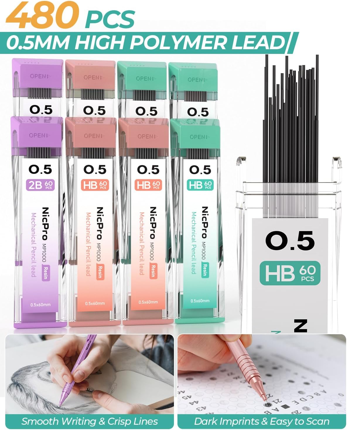 Nicpro 0.5 mm Metal Mechanical Pencil Set, 3PCS MP1000 Artist Lead Pencils With 480PCS HB 2B Lead Refills, Erasers, Aesthetic School Supplies for Girls & Women Teacher Writing Drawing Sketching