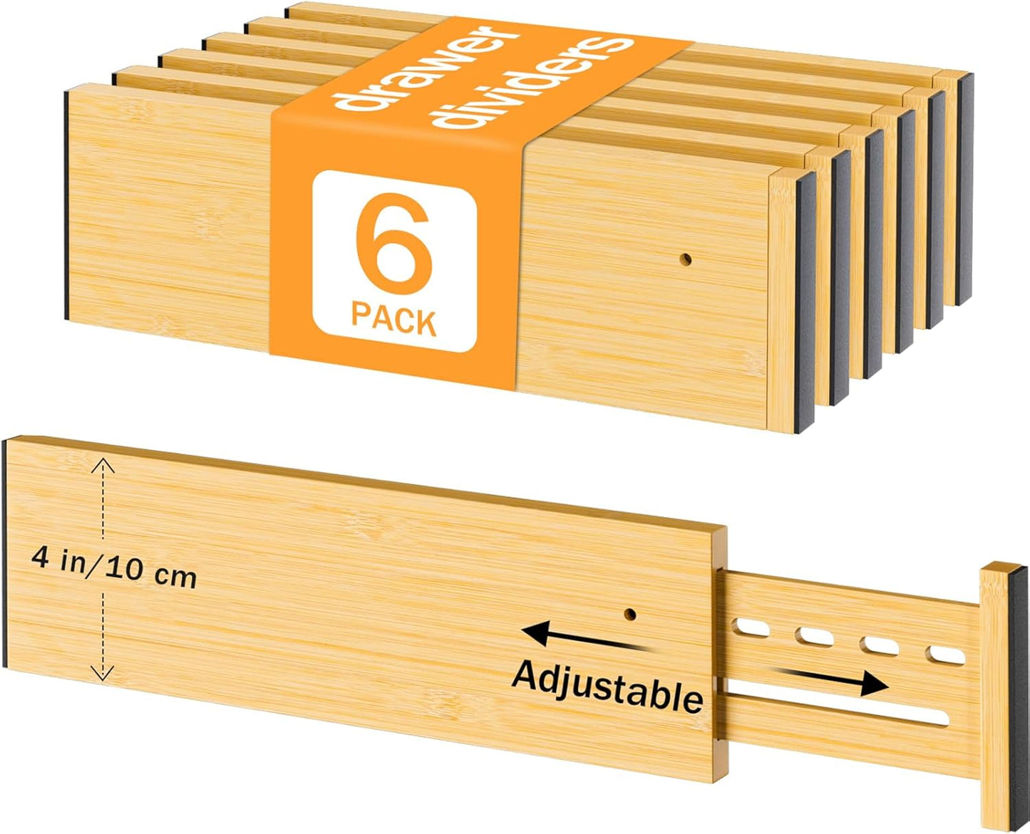 Bamboo Drawer Dividers 4" High, 16.5-22" Adjustable Drawer Organizers for Clothes,Expandable Dresser Separators in Bedroom/Kitchen/Bathroom/Office Organization and Storage,6 Pack