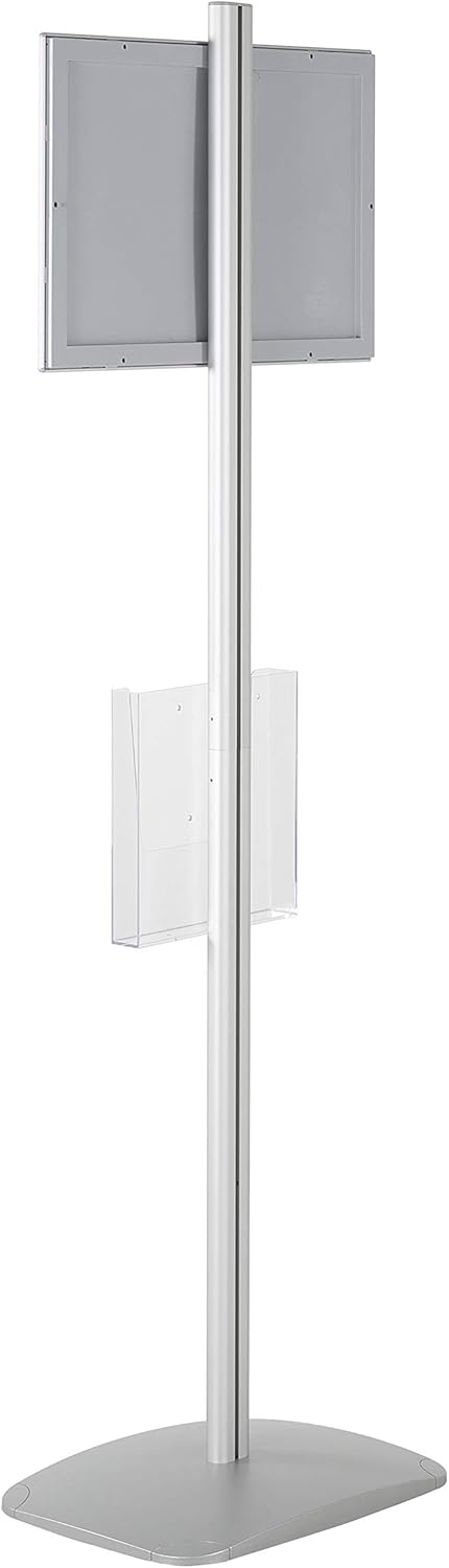 M&T Displays Free Standing Aluminum Display Stand Single Sided Document Brochure Sign Holder Front Loading Portrait Landscape Silver Snap Frame 1x(11x17) and Clear Acrylic Pocket 1x(8.5x11) Inch