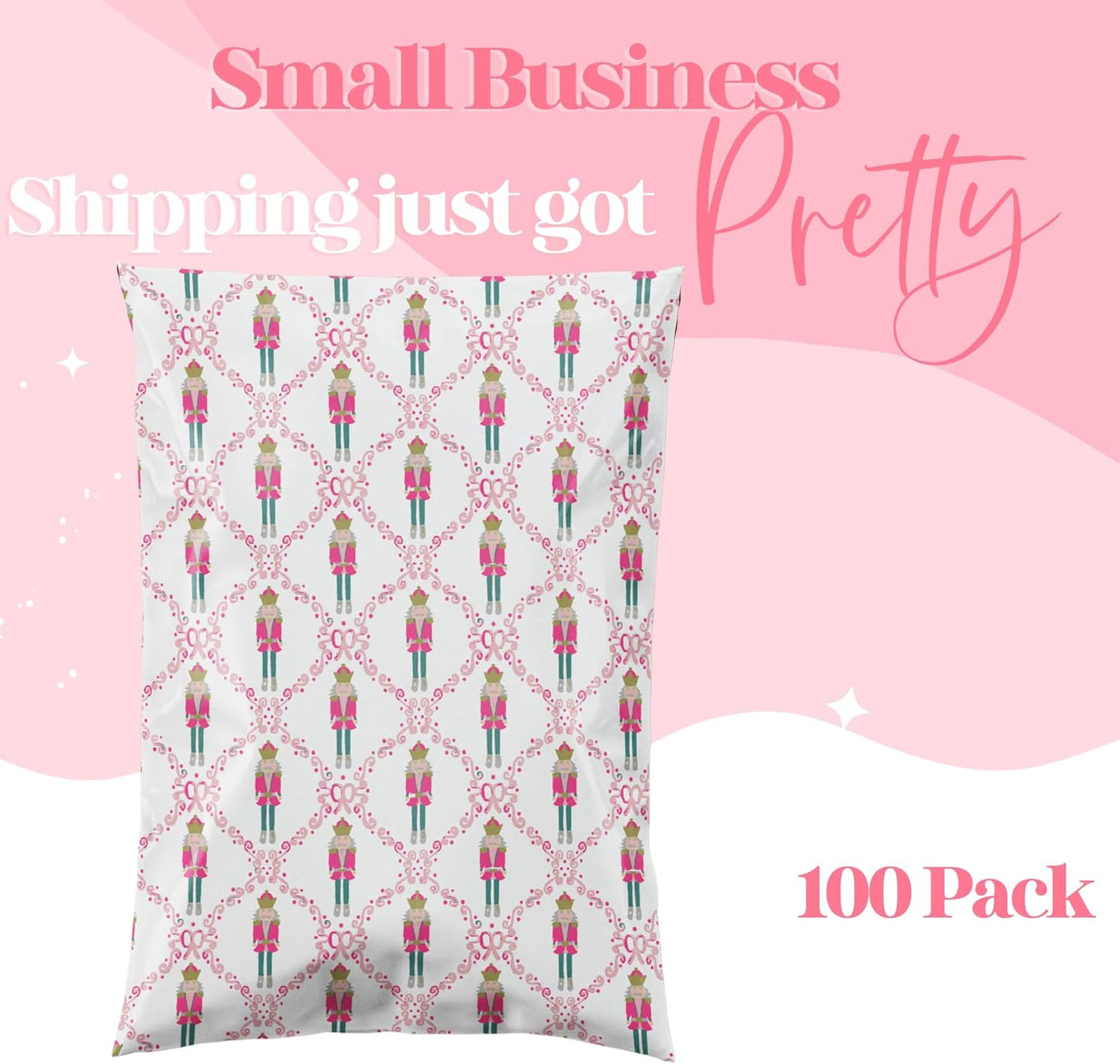 14.5x19 Designer Poly Mailer 100 Pack Heavy Duty Waterproof Self Seal Shipping Bags for Small Business Large Mailing Envelopes Bulk Tear Resistant Packaging Pink Nutcracker Christmas Holiday