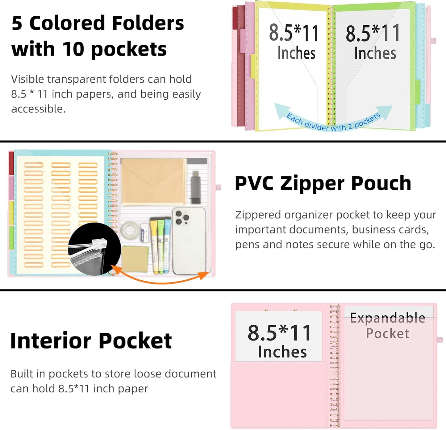 Ospelelf Leather Clipboard Folio with Notepad for Letter Size, Spiral Clipboard Folder with Storage Zipper Pouch, 5 Folders with 10 Pockets, 39 Divider Label Stickers, Pen Loop Series (Pink)